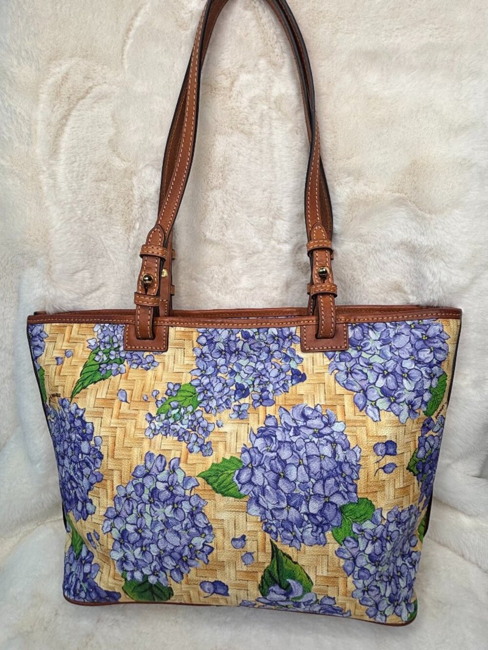 Dooney & Bourke Purple Hydrangea With Yellow Basketweave Design Shopper Tote Bag - Picture 4 of 16